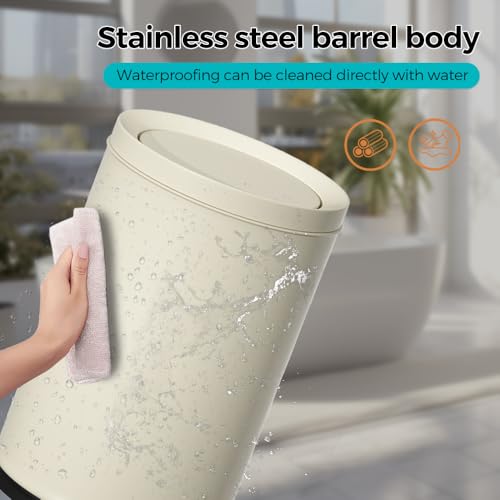 Image of 2.3 Gallon /9L White Round BathroomTrash Can with Swing Lid | Metal, Modern, Elegant Waste Basket, For Bathroom, Bedroom, Living Room, Office, RV, Home