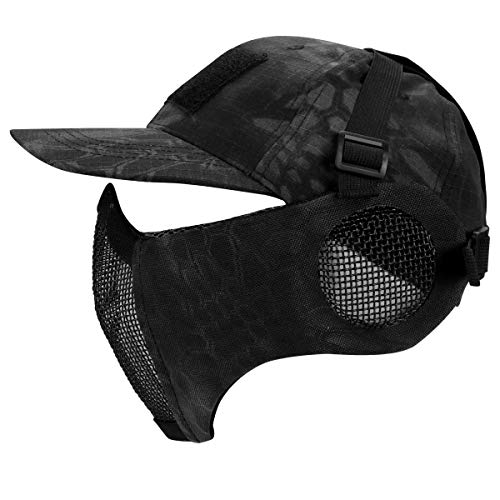 Airsoft Half Face Mesh Mask and Cap Set, Airsoft Mesh Mask with Ear Protection and Baseball Cap Tactical Lower Face Protective Mask for CS/Hunting/Paintball/Shooting