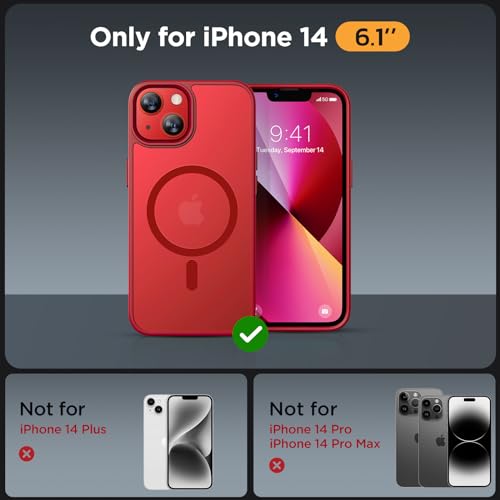 Image of Miracase Magnetic for iPhone 14 Case 6.1 inch (Compatible with MagSafe)(with 2X Screen Protectors) Military-Grade Protection, Anti-Fingerprint Translucent Matte Phone Case Cover, Red