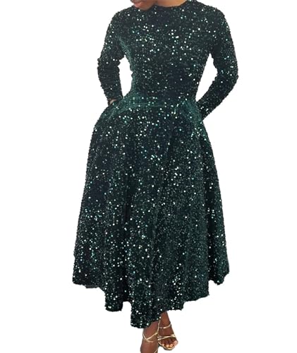 Image of SOMTHRON Women's Sequin Dress Plus Size Long Sleeve A-Line Flared Party Cocktail Sparkle Glitter Evening Shiny Maxi Dress