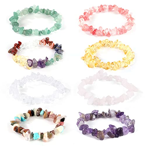 Yafe Chakra Bracelets for Women 8pcs Natural Colorful Crystal Bracelets for 7 Chakra Lrregular Gemstone Bracelets Crystal Chip Bracelet for Women Men