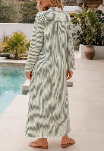 Image of Ladyful Women's Cotton Linen Maxi Dress Summer Long Sleeve Shirt Dress