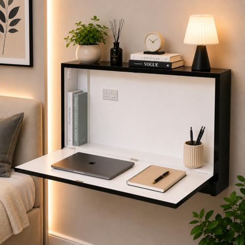 Image of Wall Mounted Folding Study Table - Black & Gold | Solid Wood | Foldable Space-Saving Desk with Storage | Home Office Laptop Desk
