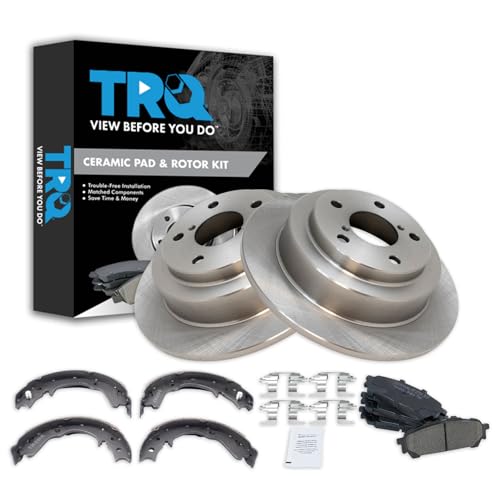 TRQ Rear Brake Pad & Rotor Kit Brake Pads Brake Rotor Parking Brake Shoe Set Ceramic Compatible with 2004-2007 Subaru Forester Impreza