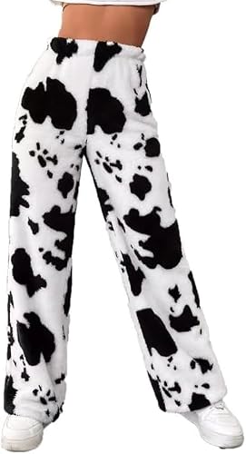 YongXinMY Women's Cow Printed Furry Sweatpants Casual Animal Print Fleece Joggers Pants Plush Casual Pants (L,1)