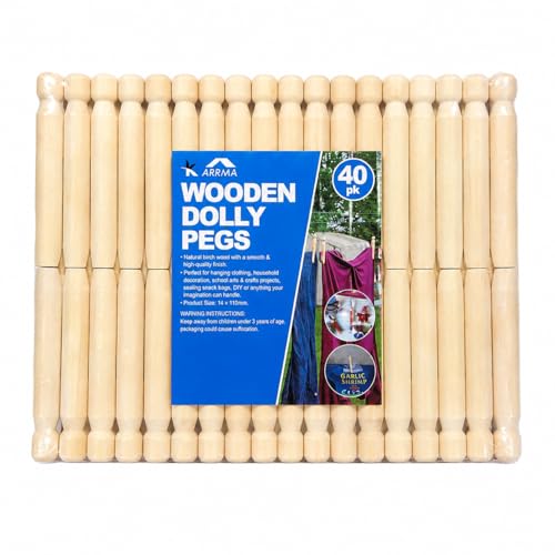 Wooden Dolly Pegs 40 Pk - Wooden Clothes Pegs Strong Natural | Reusable Heavy Duty Laundry Pegs for Indoor & Outdoor Drying - Craft Sealing Bags & Household Use - KARRMA