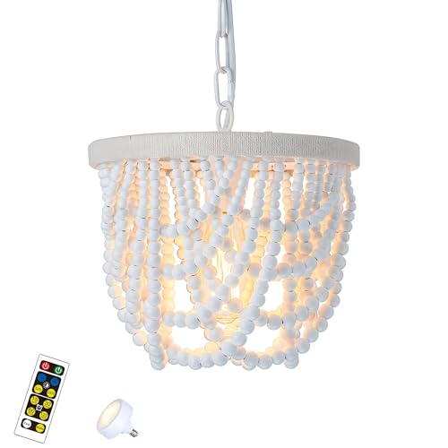 LYMSXAZOU Lámpara de araña con Cuentas, Estilo Bohemio, Colgante de Madera, Estilo rústico, con Bombilla y Mando a Distancia, Acabado Blanco, Ideal para Comedor o Dormitorio (Color: TW)