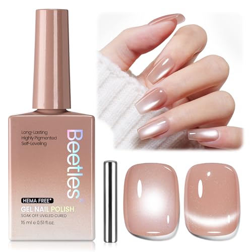 Image of Beetles Silk Serum Nude Cat Eye Gel Nail Polish - 15ML Nude Gel Polish Cat Eye Base Color Glitter Magnetic Translucent Glassy Effect Soak Off UV French Nail Art DIY Manicure Gift for Women