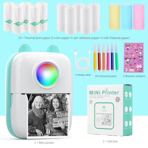 Image of ZEITEL Mini Bluetooth Thermal Printer with LED, Portable Label Inkfree Mini Printer for Android & iOS System, Black on White Thermal Printer with 13 Roll of Paper, 5 Color Pen, 1 Kuromi Sticker, Blue
