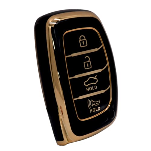 Image of KMH TPU Gold Car Smart Key Cover Compatible for Hyundai Alcazar Creta 2022 Venue i20 Tucson Elantra 4 Push Button Smart Key Shell Case Holder, Key Protector (Black Gold) Pack of 2