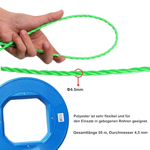 Kabeleinziehhilfe 55m – Einziehspirale mit Einziehfeder, mit 6 Adaptern für Leerrohre, Kabeleinzugshilfe für Elektroinstallationen, Ø 4,5 mm, aus Polyester
