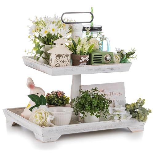 Hanobe Tiered Tray for Table Decor: Spring 2 Tier Decorative Tray Stand for Coffee Bar - Large Farmhouse White Display Stands for Holiday - Wood for Kitchen Counter Decorations