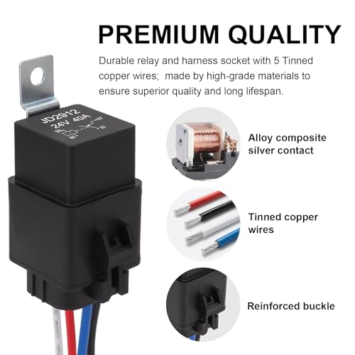 Weasch 2 Pack Waterproof Relay Kit, 24V 40A, 4 Pin SPST, Heavy Duty 14 AWG Tinned Copper Wires Automotive Relay and Harness Set for Automotive Car Marine Boat (2) - Thumbnail 2