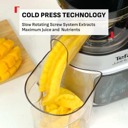 Image of Tefal Juice & Clean slow juicer, Fruit and Vegetable Juice Extractor, Vitamin Juice, Cold Press, 150 W, 42 to 70 RPM, Fresh Fruit Juice, Jam, Sorbet, Automatic Cleaning 2 years warranty