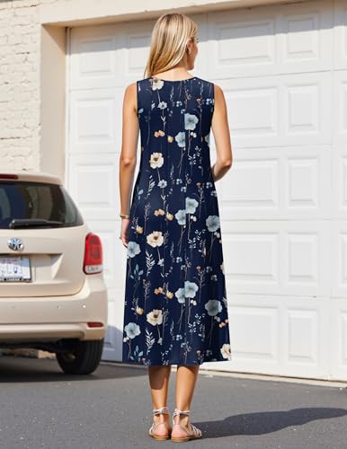 Image of HOTOUCH Summer Casual Dresses for Women Sleeveless Midi Dress Swing Tank Sundress Pleated Tshirt Dress with Pockets