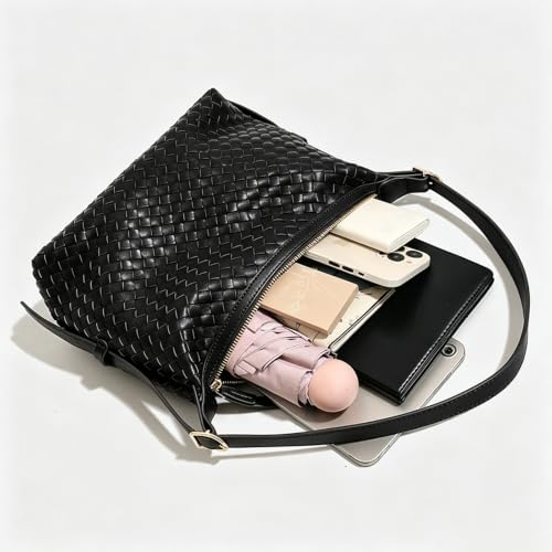 Image of Woven Leather Tote Bag For Women Crossbody Shoulder Bag Large Hobo Handbags Vegan Female Bag Vegetable Basket