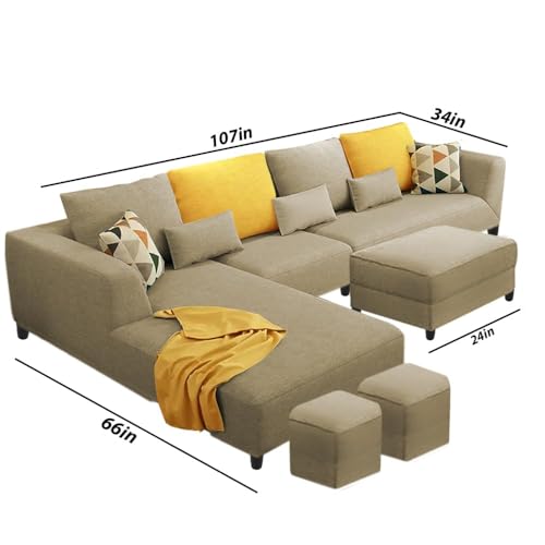Image of Casaliving Minta 8 Seater LHS L Shape Sofa Set with Ottoman & 2 Puffy for Living Room (8 Seater LHS, Cream Colour)