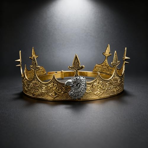 Vintage Birthday King Crown and Sash Set for Men, Black Gold Adjustable Sash and Tiara with Silver Eagle Decoration, Medieval Prince Accessories for Cosplay Happy Birthday Party Prom Costume Gifts — view 3