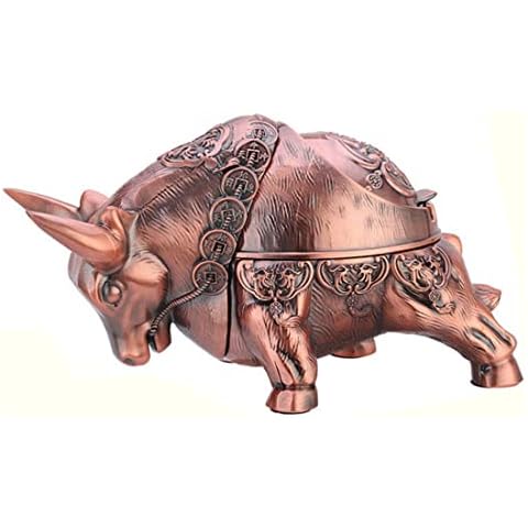 K COOL Vintage Windproof Bull Ashtray for Cigarettes with Lid Metal Portable Decorative Ashtray Indoor Outdoor Hand Carved Nice Gift Ornament for Women Men (Red Bronze) Cover
