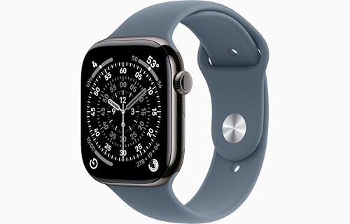 Image of Apple Watch Series 11 [GPS + Cellular, 46mm] Slate Titanium Case with Anchor Blue Sport Band, M /L (Renewed)