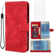 Case for Galaxy J3 Prime/J3 Emerge/Amp Prime 2/J3 Eclipse/J3 Luna Pro Wallet Case Tempered Glass Screen Protector, Leather Flip Credit Card Holder Stand Cover for Samsung Galaxy J3 2017 Red