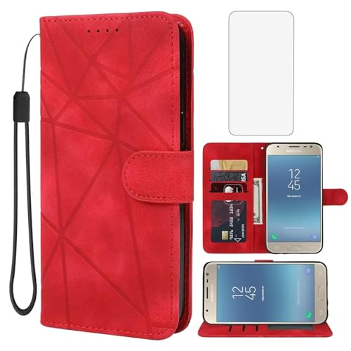 Wanyuexes Case for Galaxy J3 Prime/J3 Emerge/Amp Prime 2/J3 Eclipse/J3 Luna Pro Wallet Case Tempered Glass Screen Protector, Leather Flip Credit Card Holder Stand Cover for Samsung Galaxy J3 2017 Red