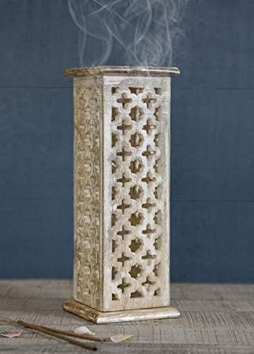 Kesha Spree® Wooden Incense Cone Tower Burner Stand Holder Ash Catcher_White Wash