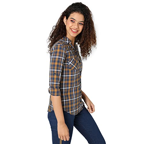 Image of PINACOLADA Women's Navy Blue & Yellow Ochre Tartan Plaid Shirt for Casual Wear | Spread Collar | Long Sleeve | Button Closure | Shirt Crafted with Comfort Fit for Everyday Wear
