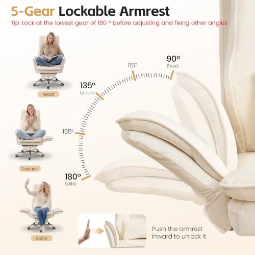 Image of HUBSON Big and Tall Office Chair, Footrest & Flip Armrest for Pets, Beige