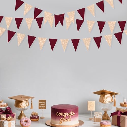 Image of Burgundy Party Decorations Maroon Champagne Gold Triangle Banner Flag Bunting Pennant for Birthday Engagement Wedding Bridal Shower Baby Shower Anniversary Bachelorette Hen Party Decorations Supplies