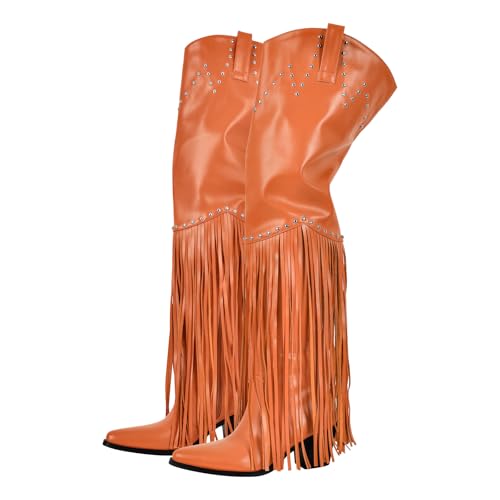 Image of richealnini Western Thigh High Cowboy Boots with Fringe Over Knee Wide Calf Cowgirl Boots