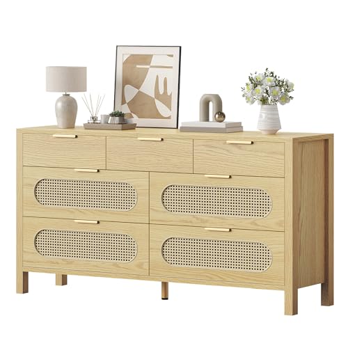 DWVO 7 Drawer Dressers Storage Cabinet Natural Rattan Oak Wooden Chest with Golden Handles - Modern Large Closet Boho for Living Room/Hallway/Entryway