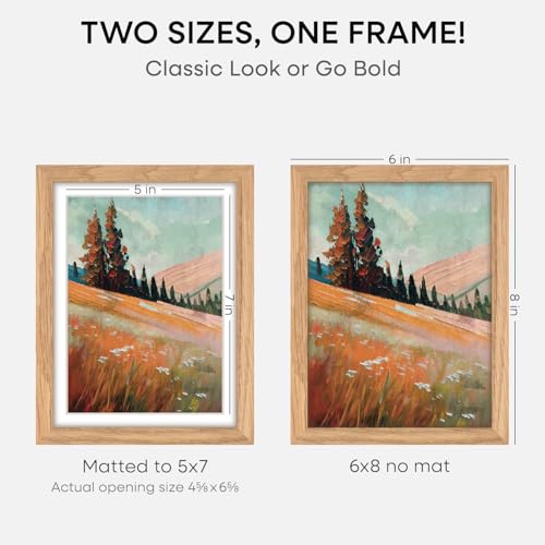 Image of Homeforia 6x8 Natural Oak Picture Frame, High-End Wood, 5x7 Mat, Glass | High End Solid Oak Wood, Tempered Glass, Acid-Free 5x7 Removable Mat, 6x8 Edge-to-Edge Display 8x6, Wall Kit, Set Of 2
