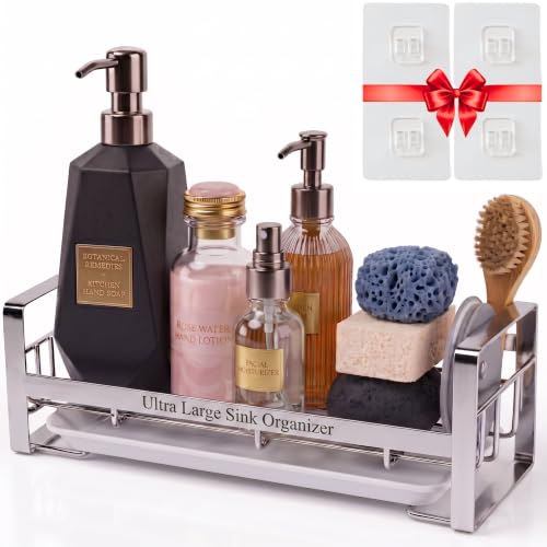 Image of Large Stainless Steel Sink Organizer for Kitchen Basin | Stainless Steel & Washroom Organizer with Drain Tray | Wall Mounted Soap Stand & Sponge Holder | Kitchen Sink Rack | Silver