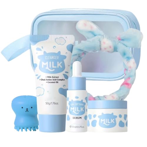 Milk Kit de soins de la peau pour adolescente – Kit de voyage – Soin hydratant de la peau pour adolescentes de 10 à 12 ans – Kit de soin du visage de voyage pour femme avec gel nettoyant, sérum, crème