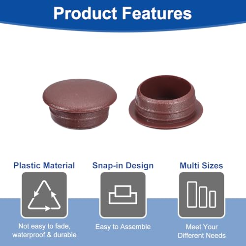 Image of uxcell 150Pcs Screw Hole Plugs, 12mm(1 /2 inch) Dia Plastic Round Button Plugs Snap in Locking Hole Covers Flush Type Caps for Furniture Cabinet, Red Brown