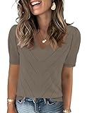 LOMON Short Sleeve Sweater for Women V-Neck Trendy Spring Summer Lightweight Knit Tops Ladies Business Casual Outfits Women Fashion Clothing (Camel,M)