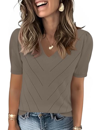 LOMON Short Sleeve Sweater for Women V-Neck Trendy Spring Summer Lightweight Knit Tops Ladies Business Casual Outfits Women Fashion Clothing (Camel,M)