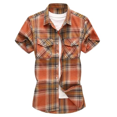 Hdhdeueh Camisa de manga corta a cuadros para hombre, de un solo botonadura, de algodón, informal, para hombre, 3 naranja, L