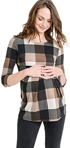 LaClef Women's Round Neck 3/4 Sleeve Front Pleat Peplum Maternity Top, Brown Plaid, Large