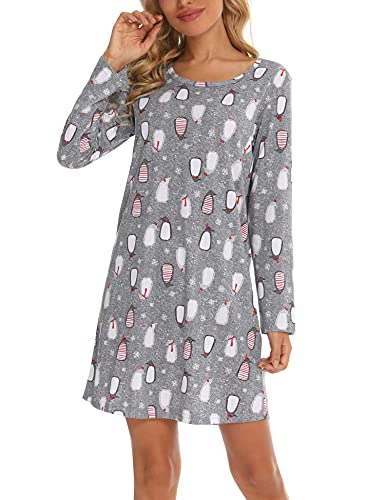 ENJOYNIGHT Women's Cotton Sleepwear Long Sleeves Nightgown Print Tee Sleep Dres(Medium,Penguin)
