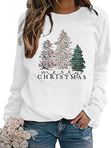 Astanfy Merry Christmas Sweatshirt For Women Plaid Christmas Holiday Long Sleeve Christmas Tree Pullover Lightweight Shirt White cover