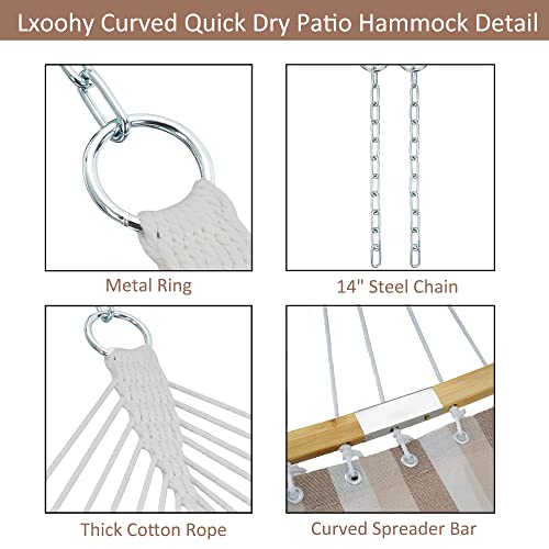 Lxoohy 12Ft Curved Quick Dry Patio Double Hammock, Textilene 2 Person Hammock With Chains And Hooks Outdoor & Indoor 440Lbs Capacity Spreader Bar Hammock, Beige Stripe #TOP2