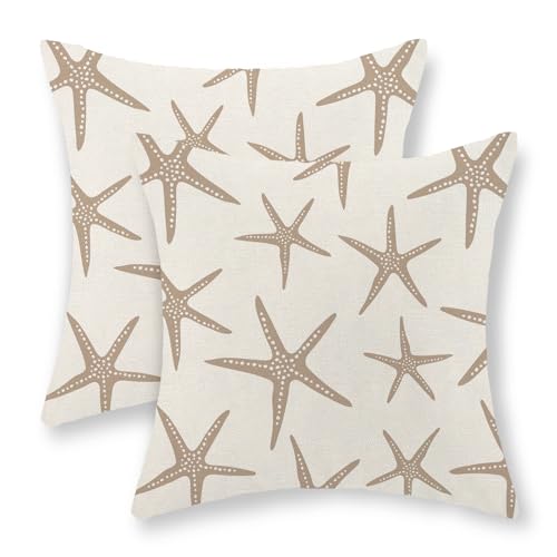JEFERSO Brown Tan Starfish Pillow Covers 18x18 Set of 2 Coastal Throw Pillows Summer Nautical Ocean Beach Theme Decorative Pillowcase Outdoor Farmhouse Linen Decor Cushion Case for Couch Home Bedroom
