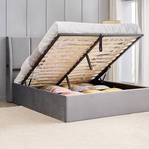 Image of Home Centre | Helios Bravo Aden King Size Bed with Hydraulic Storage | Engineered Wood | Grey | 1 Year Warranty