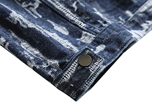 Image of RANMCC Men's Elastic Ripped Denim Jacket, Vintage Washed Frayed Trucker Coat, Lightweight Casual All Season Street Outerwear