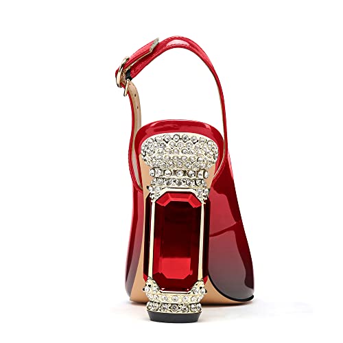 Image of JANSEVEN Women Chunky Heels Pumps Crystal Block Heels with Rhinestones Pointed Toe Sexy Gradient Patent Leather Slip on Bridal Party Wedding Dress Shoes 5-13 M US