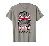 British Girl Messy Bun Cute Britain Flag Pride Women Girls T-Shirt