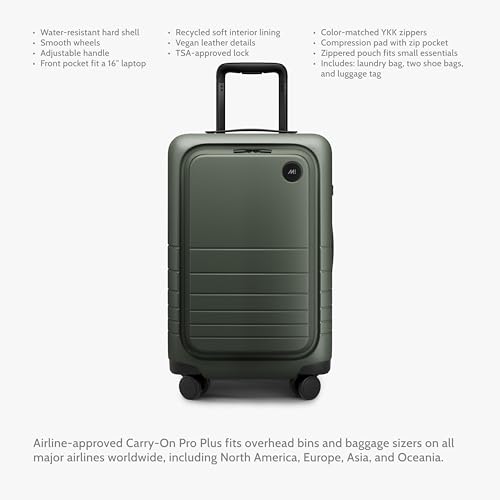 Image of Monos Carry-On Pro Plus Luggage 23 Inch - Hardside Spinner Suitcase with TSA Lock & Laptop Front Pocket | Airline Approved, 42L Polycarbonate Rolling Carry On | Fits 16 inch Laptop | Olive Green