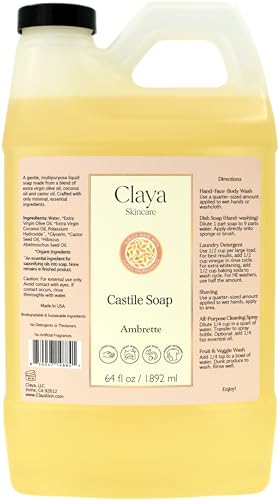 Image of Claya Liquid Castile Soap - Organic Ingredients, Biodegradable, Gentle for Sensitive Skin and Versatile Use (64 fl oz, Ambrette)